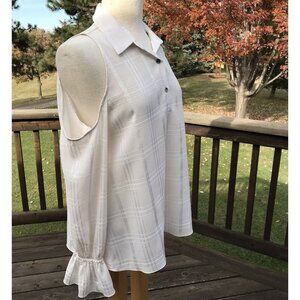 Waverly Grey Felicia Cold Shoulder Sz Top L Beige Windowpane Long Sleeve Blouse